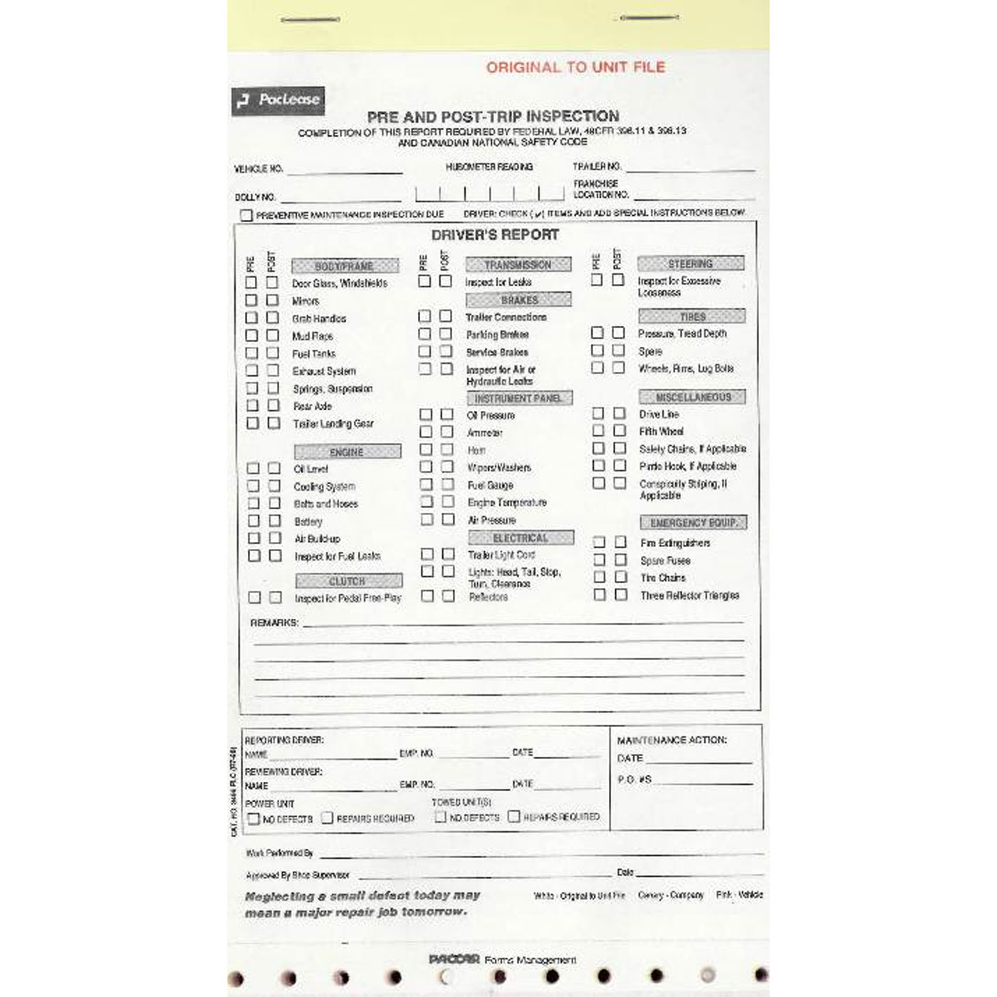 PacLease Pre and Post Trip Inspection Report Pad